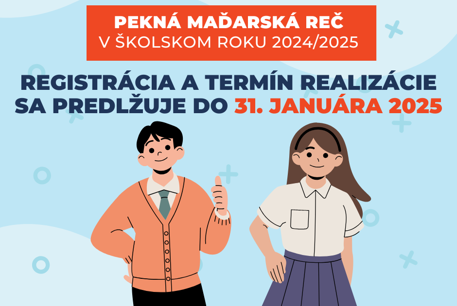 Na obrázku ilustrácie dvoch usmievajúcich sa študentov – chlapca v oranžovom svetri s kravatou a dievčaťa v bielej blúzke a tmavej sukni. Hore na obrázku nad študentami je oznam týkajúci sa súťaže s názvom "Pekná maďarská reč" v školskom roku 2024/2025.